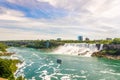 View at the Rainbow International bridge over Niagara river with American falls and Bridal Veil falls at USA territory from Niagar Royalty Free Stock Photo
