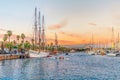 View from the Rambla De Mar of the Barcelona Port Vell promenade on an autumn Royalty Free Stock Photo