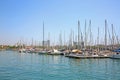 View from Rambla De Mar of the marina & many yachts moored at Port Vell, Barcelona, Catalonia, Spain. Royalty Free Stock Photo