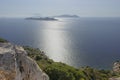 View from the ramparts of Kritinia Castle to the Aegean Sea and the islands of Makri, Alimia, Halki. Greece. Rhodes