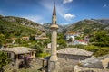 A view from the ramparts of the old fortress in Stari Bar, Montenegro of the clock tower and the surrounding village