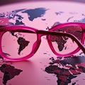 View on real life through pink glasses, embellish reality, sugarcoat concept. Fusion of fashion and travel, sense of