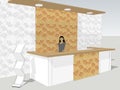 View of reception desk is standing in an office lobby