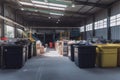 view of a recycling center, with bins and containers for different types of materials