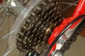 View of the red bicycle wheel, zooming in on the rear derailleur modes Royalty Free Stock Photo