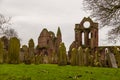 View of the red brick ruins of Arbroath Abbey, Scotland, UK