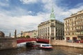 View of the Red bridge over the Moika river, trading house `S. Esders and K. Skheifals` in Saint-Petersburg