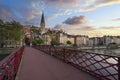 View of red footbridge on Saone river in the morning Royalty Free Stock Photo