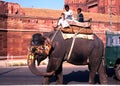 Men riding an elephant outside the Red Fort, Delhi.