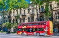 A view of a red Hop On Hop Off tourist bus at the Rustaveli Avenu. Tbilisi. Georgia