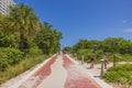 View of red path called Walking Street, with green tropical plants, along Atlantic Ocean in Miami Beach.