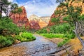 Red peaks of Zion National Park along the Virgin River, Utah, USA