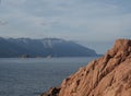 view of Red Rocks called Rocce Rosse at mediterranean sea coastline in Arbatax port, penisula of Tortoli, Ogliastra