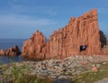 view of Red Rocks called Rocce Rosse at mediterranean sea coastline in Arbatax port, penisula of Tortoli, Ogliastra