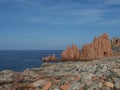 view of Red Rocks called Rocce Rosse at mediterranean sea coastline in Arbatax port, penisula of Tortoli, Ogliastra