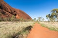 View of red rocks and path of the base walk around Ayers rock in outback Australia