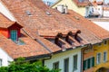 View of red tile roofs on old historical houses in Thun city, S Royalty Free Stock Photo