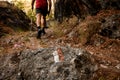 view on red and white symbol on stone marking Lycian hiking trail in Turkey. Royalty Free Stock Photo