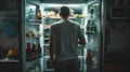 view from the refrigerator of a hungry man looking into the refrigerator in search of food Royalty Free Stock Photo