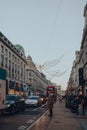 View of Regent Street in the West End, London, UK, decorated with Angel-shaped Christmas Lights