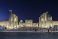 View of Registan square in Samarkand with Ulugbek madrassas, Sherdor madrassas and Tillya-Kari madrassas at night with backlight.