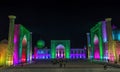 View of Registan square in Samarkand with Ulugbek madrassas, Sherdor madrassas and Tillya-Kari madrassas at night during the color Royalty Free Stock Photo