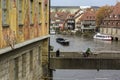 View of the Regnitz river from Untere Brucke or Lower Bridge in Bamberg, Bavaria, Franconia, Germany. November 2014