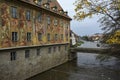 View of the Regnitz river from Untere Brucke or Lower Bridge in Bamberg, Bavaria, Franconia, Germany. November 2014