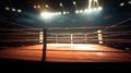 View of a regular boxing ring surrounded by blue ropes spotlit by a spotlight. Royalty Free Stock Photo