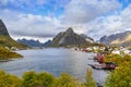View of Reine with mountain and sky, Lofoten Island, Moskenesoya, Norway Royalty Free Stock Photo
