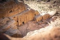 View on the Renaissance Tomb in Petra Jordan, on the High Place of Sacrifice Trail. View from above, valley deep down below Royalty Free Stock Photo