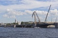 View of the renovated Tuchkov Bridge from the Makarova Embankment in St. Petersburg