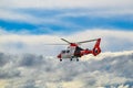 A view of a rescue helicopter as it takes off.