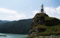 View of the reservoir of Zaramag. Mountains in the North Caucasus. The Monument Zurab Maskaevu