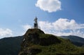 View of the reservoir of Zaramag. Mountains in the North Caucasus. The Monument Zurab Maskaevu