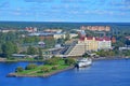 View of the residential district Central and a pier from St. Olav's Tower in Vyborg Castle, Russia