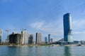 View of residential and office buildings and Sava river in elite urban area - Waterfront and a construction site on a Royalty Free Stock Photo