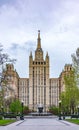 The view on the residential Stalinist high-rise building on Kudrinskaya Square. It is the one of seven Stalinist skyscrapers built