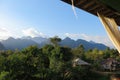 View from a restaurant on the karst hills landscape along Nam Song Xong river, Vang Vieng, Laos Royalty Free Stock Photo