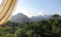 View from a restaurant on the karst hills landscape along Nam Song Xong river, Vang Vieng, Laos Royalty Free Stock Photo