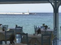 View from restaurant terrace at harbor at sunny day Royalty Free Stock Photo