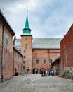 View of restored fortres buildings, fortifications built of large granite stones on a cloudy day