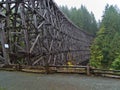 Restored railroad bridge Kinsol Trestle made of wooden boards surrounded by dense forest on Vancouver Island, BC, Canada. Royalty Free Stock Photo