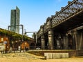 A view from the restored Victorian canal system in Castlefield, Manchester, UK towards the modern city Royalty Free Stock Photo