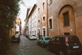 View of retro cars on street of Trastevere is the 13th district of Rome