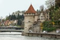 View of the Reuss embankment. Noelli Tower and Musegg Wall. Luzern, Switzerland