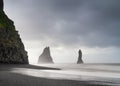 view of the Reynisfjara Black Sand beach with the landmark basalt columns and the Reynisdrangar sea stack Royalty Free Stock Photo
