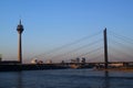View of the Rheinturm television tower and the Knie Bridge over the Rhine in the city of Dusseldorf / Germany. Royalty Free Stock Photo