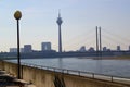 View of the Rheinturm television tower and the Knie Bridge over the Rhine in the city of Dusseldorf / Germany. Royalty Free Stock Photo