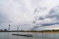 View at Rhine river, Rheinthurm tower, and Medienhafen district in Dusseldorf.